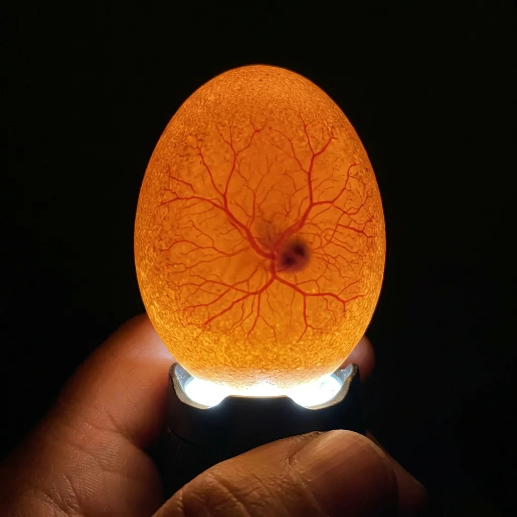 A glowing egg being checked with a candling light