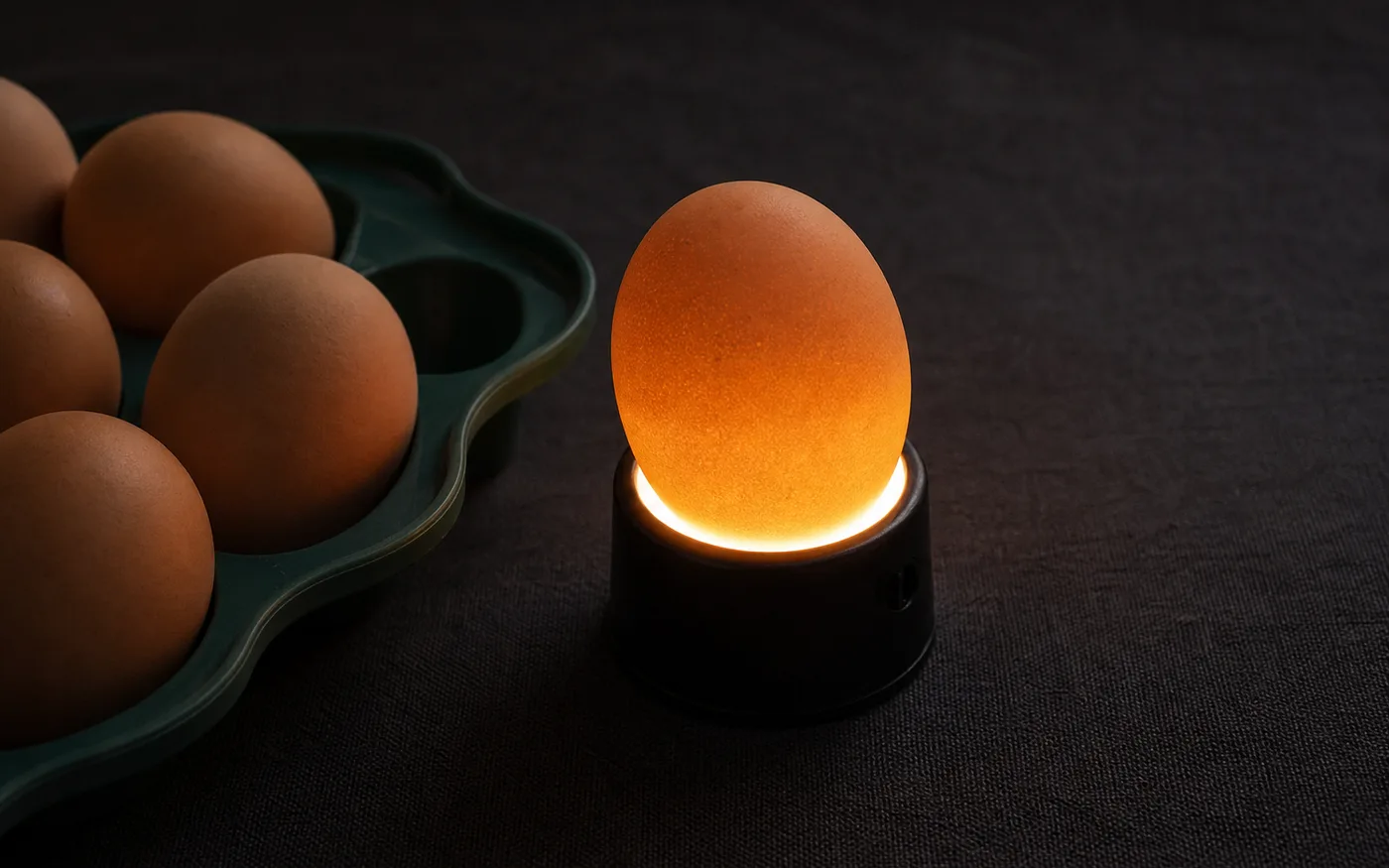 A glowing egg being checked with a candling light