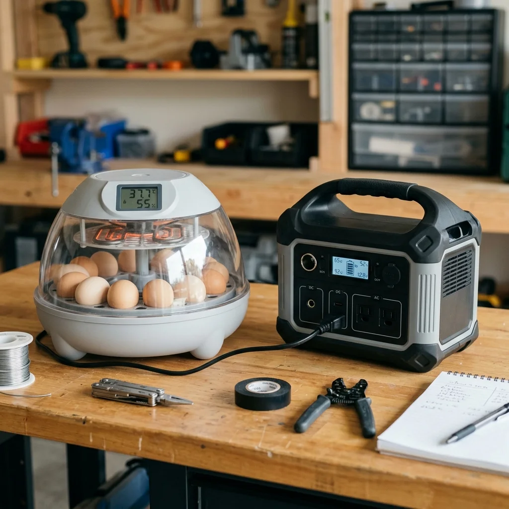 An incubator outage setup with backup power, towel, and flashlight