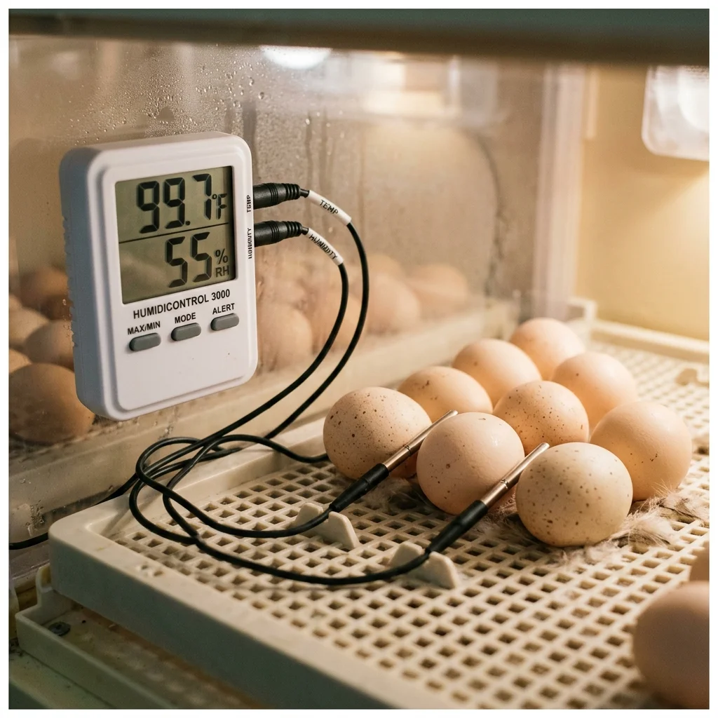 A thermometer beside an incubator and eggs